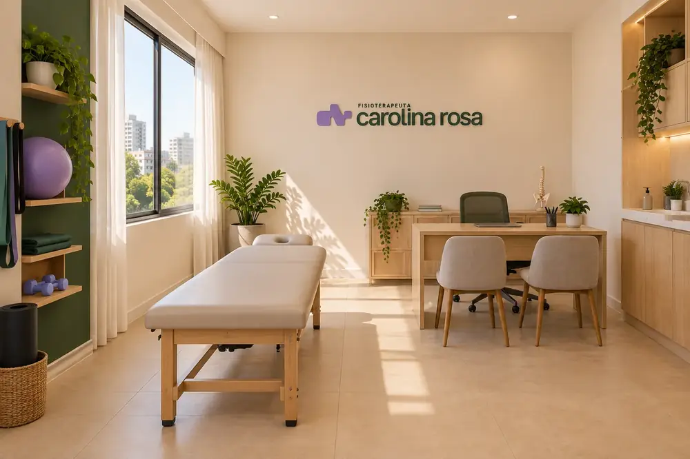 Ilustração do consultório: maca, janela ampla e área de exercícios